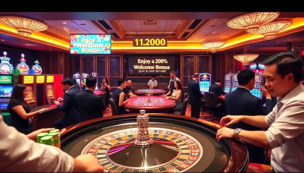 Experience high-stakes excitement at the casino with dang nhap hm88. Players engaged at roulette with vibrant chips and glowing slot machines.