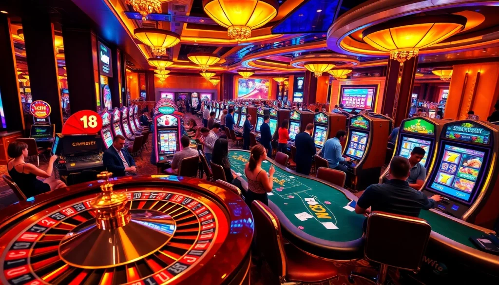 Players enjoying the thrilling atmosphere of 98win casino with exciting slot machines and roulette wheels.