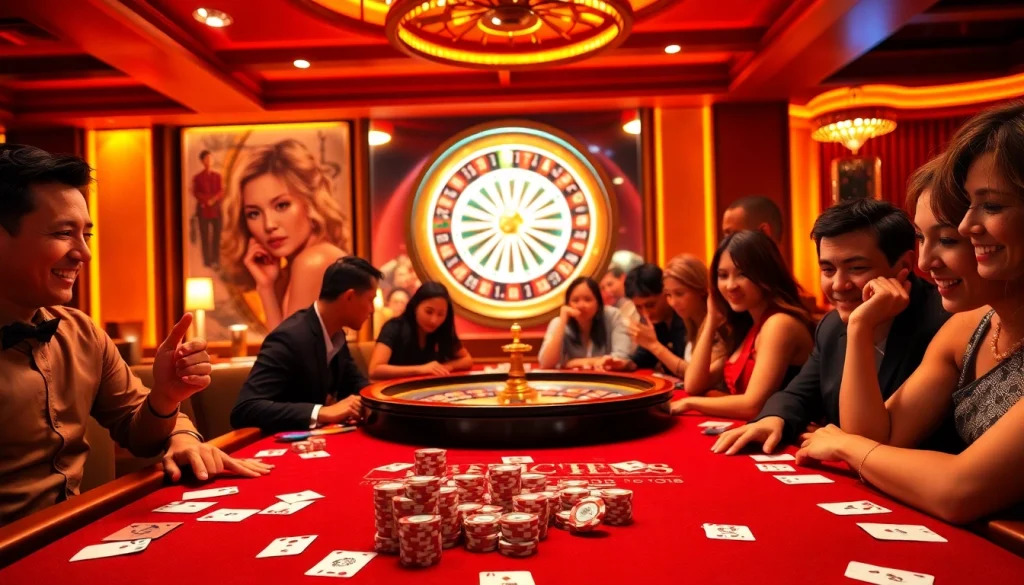 Xocdia88 poker chips feature prominently on an elegant casino table surrounded by enthusiastic players immersed in gaming.